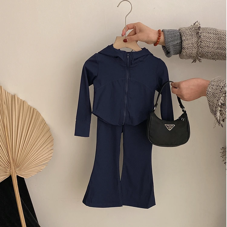 R25060春秋新款韩版女童时尚百搭连帽外套洋气喇叭裤运动潮流套装