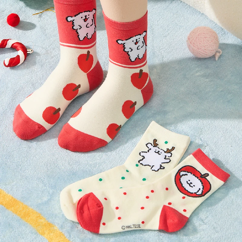 线条小狗Maltese苹果系列袜子组合3双装卡通可爱保暖女生新年礼物