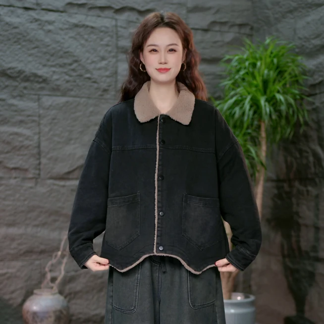 【加厚牛仔外套】颗粒绒女装冬季百搭黑色棉袄保暖加厚棉服
