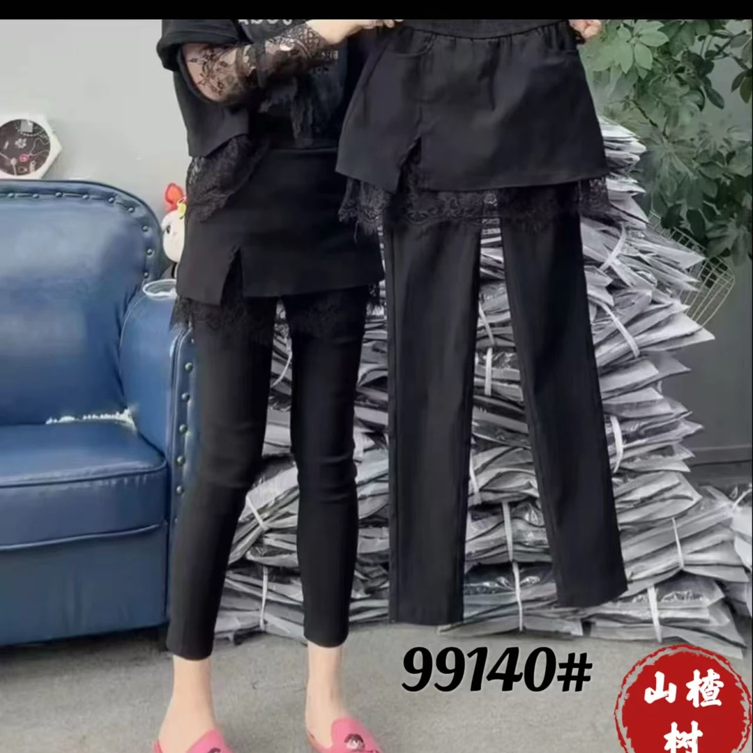 D99140时尚显瘦高腰假两件蕾丝裙裤休闲裤女士修身九分百搭纸皮裤