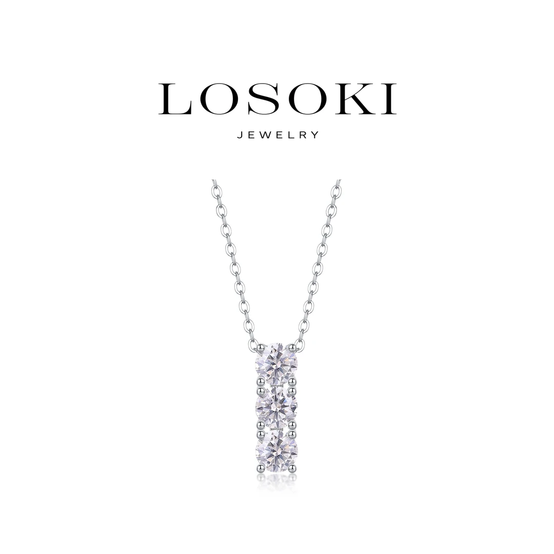 坠链均925银莫桑石 瑞士LOSOKI一字镀K金项链饰满钻一字锁骨吊坠