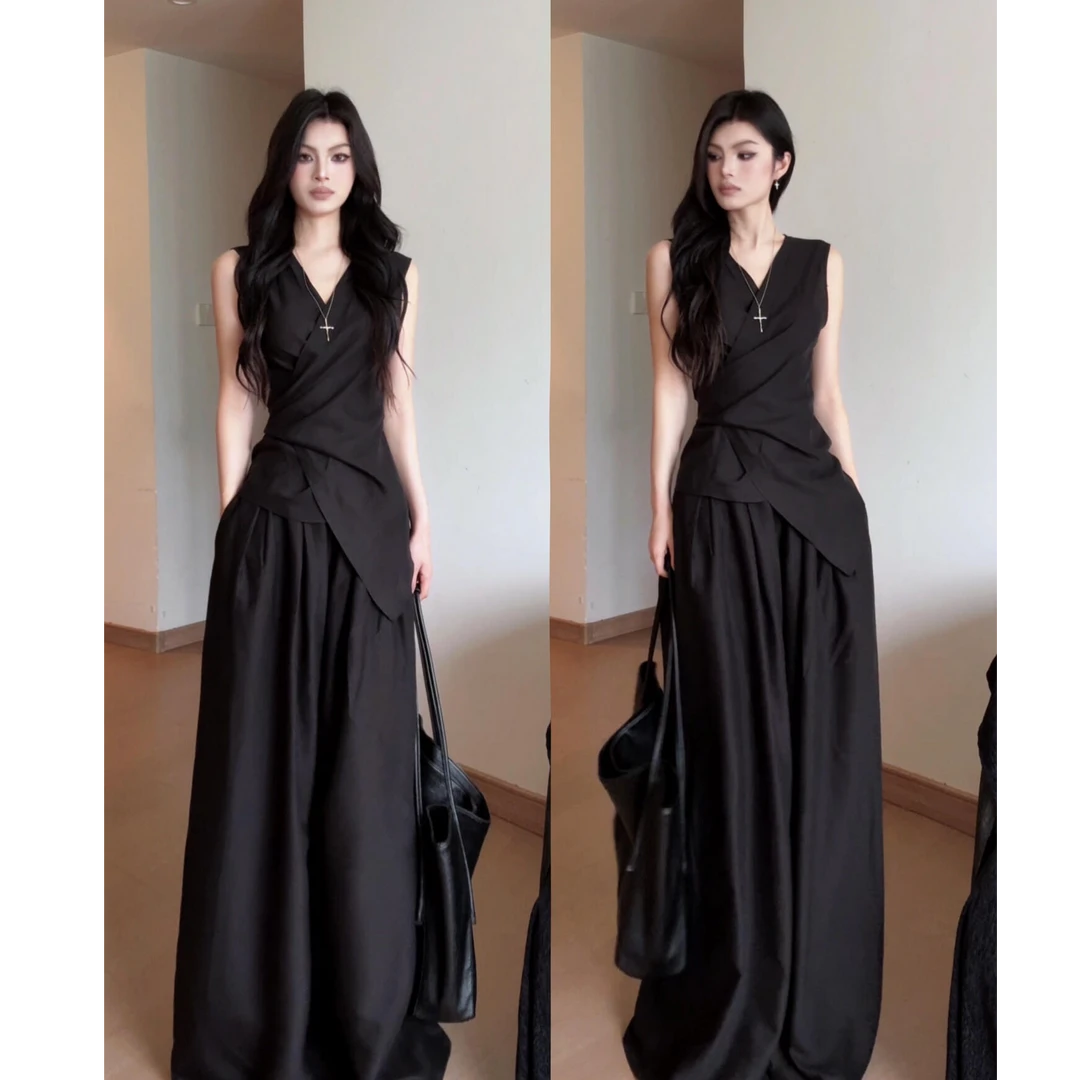 INS CEC韩系黑色休闲套装V领短款背心上衣松弛感阔腿裤两件套