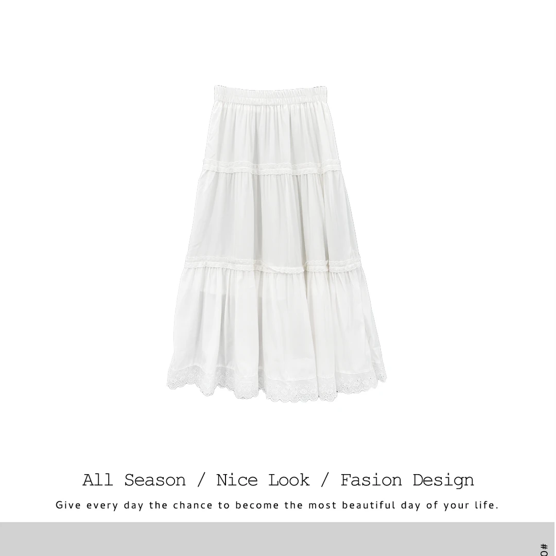 927 蛋糕层刺绣花边拼接半身裙女2025早春小众A字白色长裙子#2503