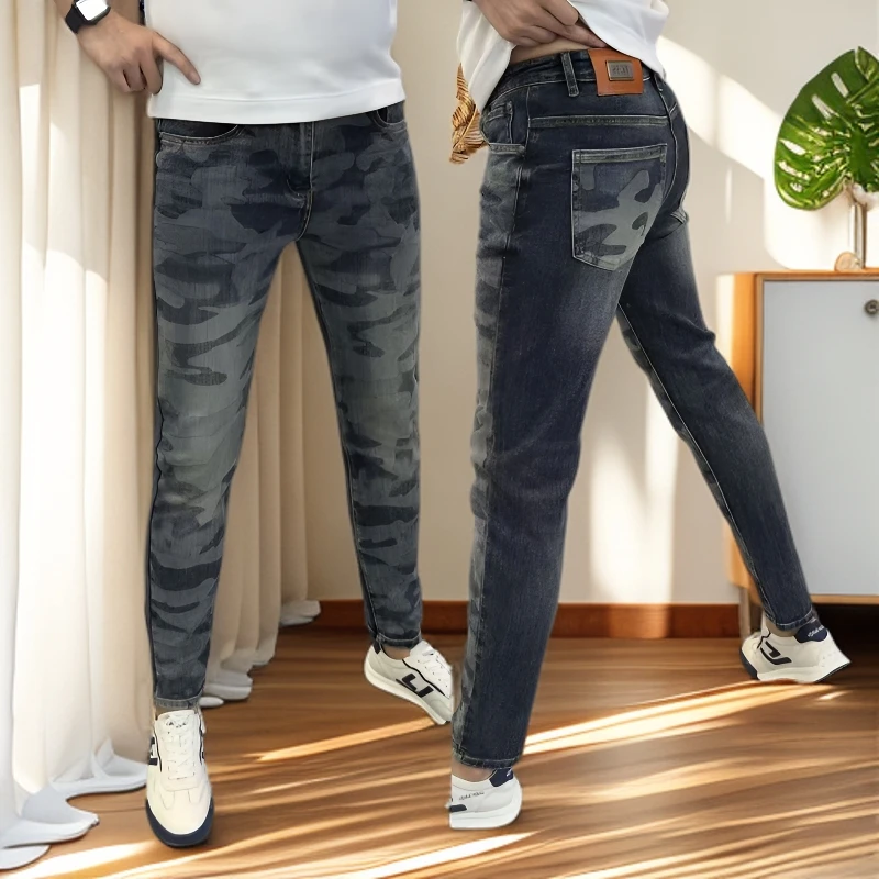男裤早秋新款牛仔裤男时尚百搭小脚裤潮流个性印花长裤舒适修身帅