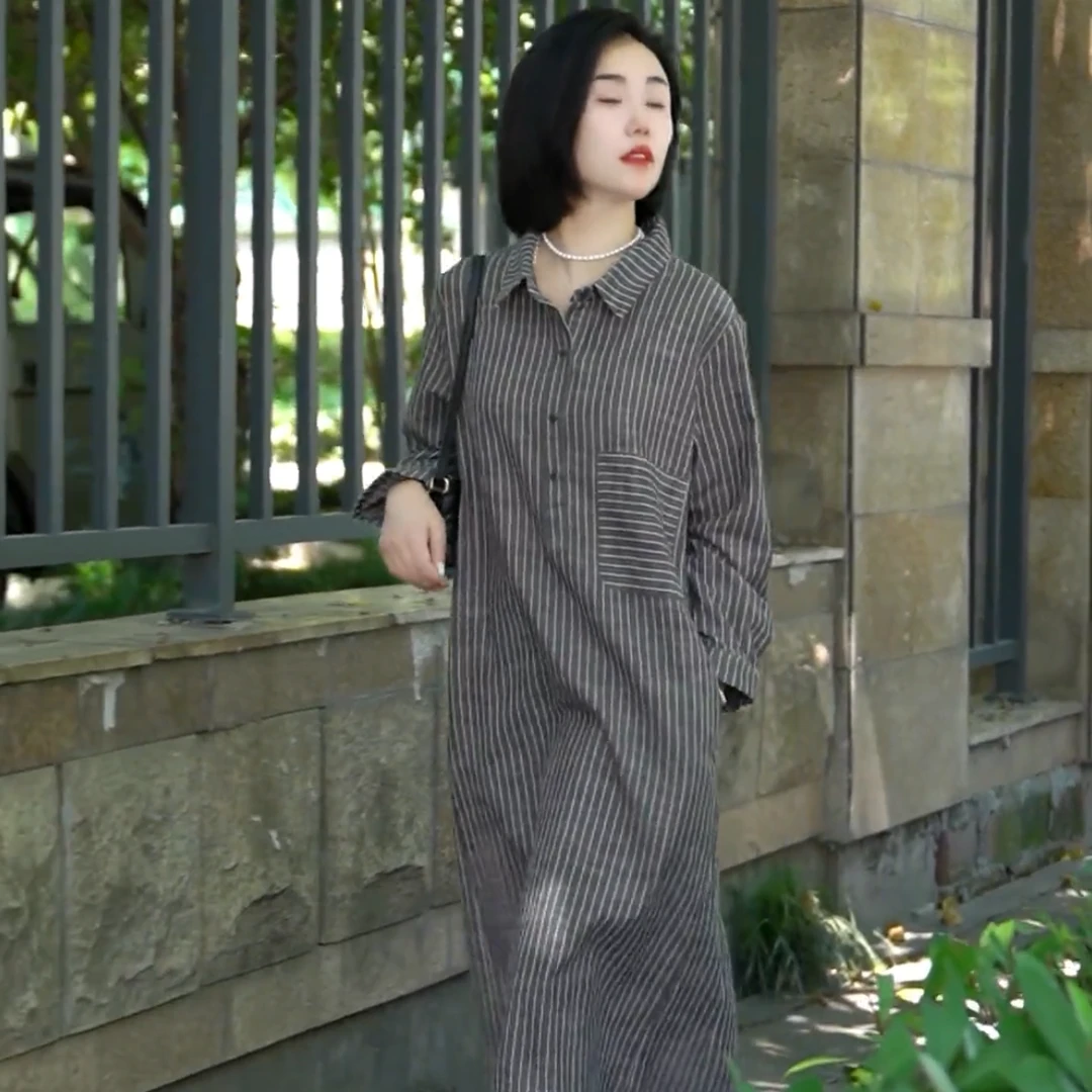 2025春季新款休闲条纹衬衣领连衣裙