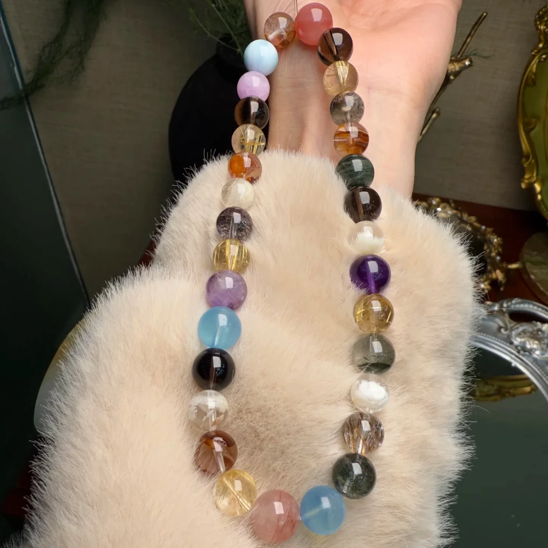 朱珠同款精品天然水晶多宝圆珠款项链白幽灵金发晶绿幽灵紫水晶