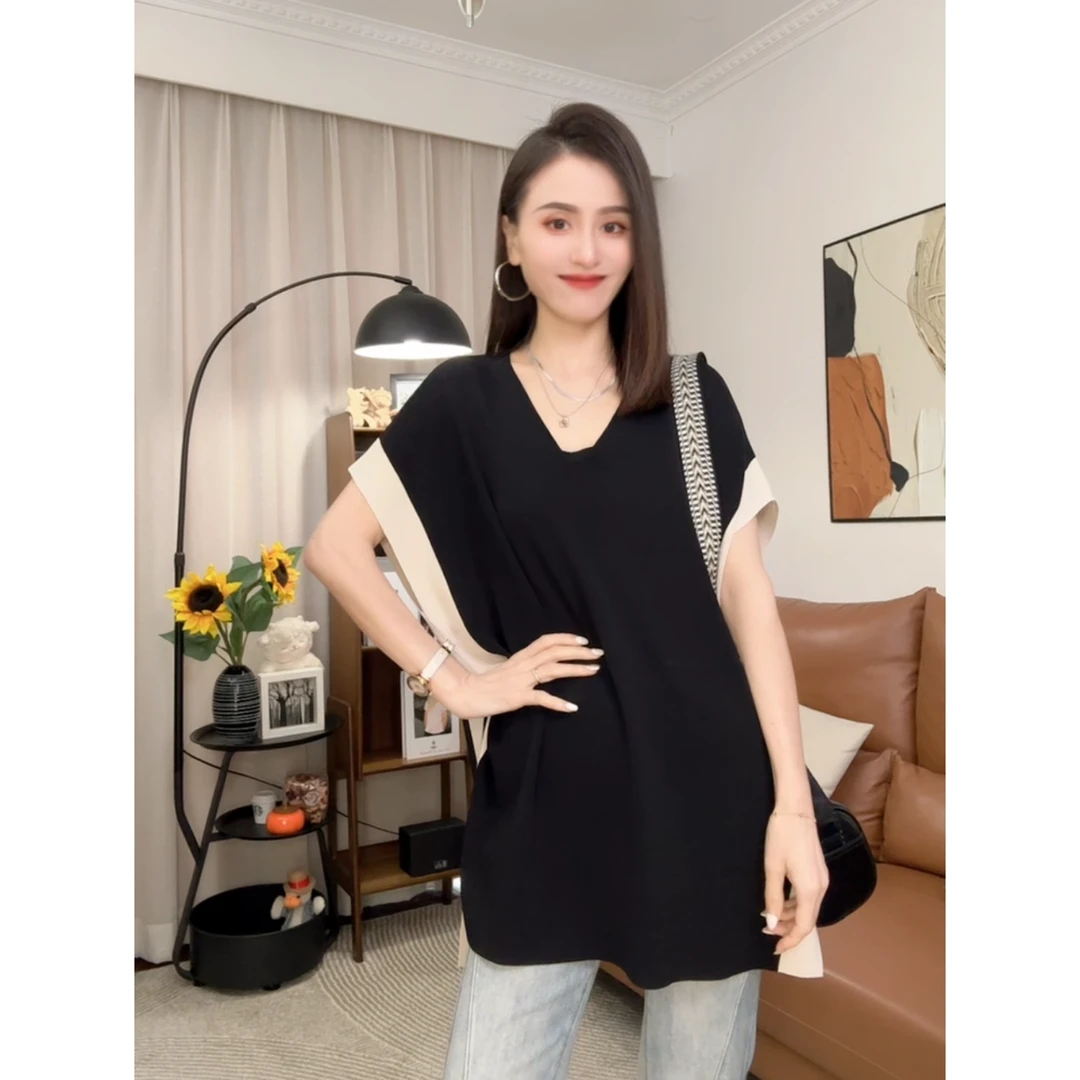 韩版宽松慵懒风经典大气V领拼色边针织衫百搭显瘦上气质时尚款