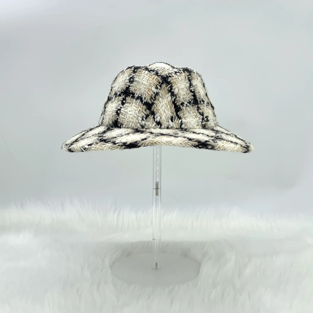 99新 Chanel/香奈儿 IW0151 黑白拼色格纹羊毛粗花呢编制礼帽 M码