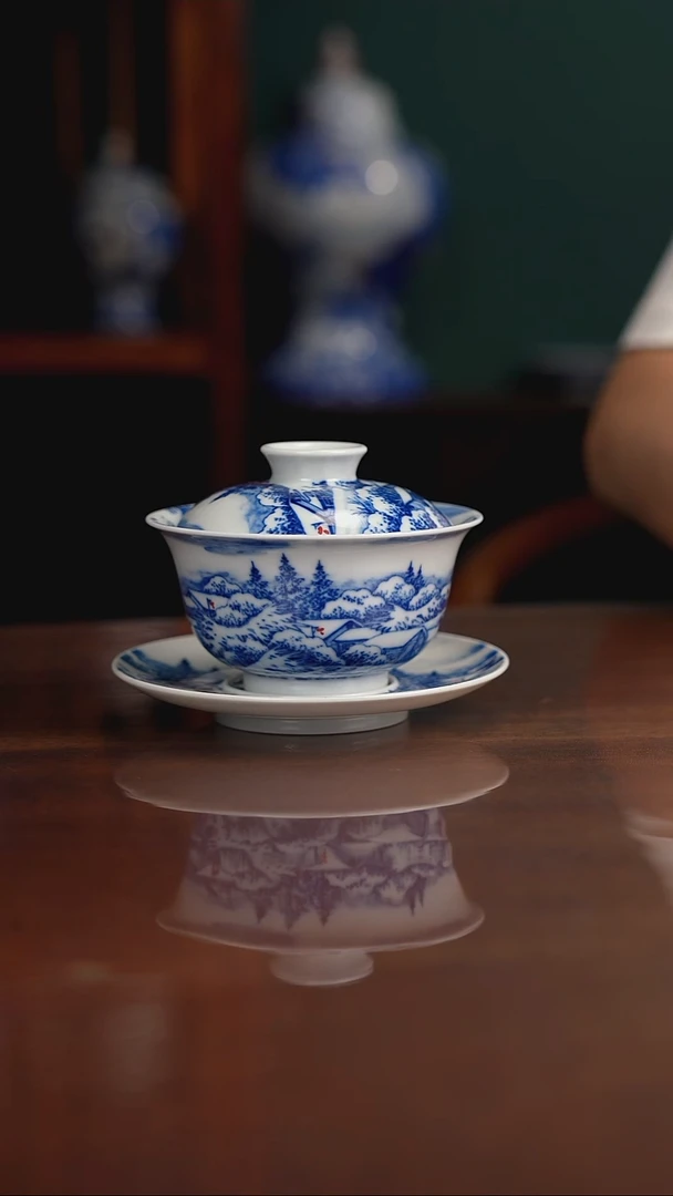 晓月柴窑 雪景盖碗