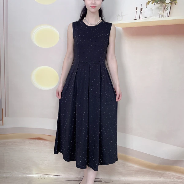 夏季新款圆领无袖连衣裙妈妈夏装烫钻收腰显瘦中长款背心裙2560#