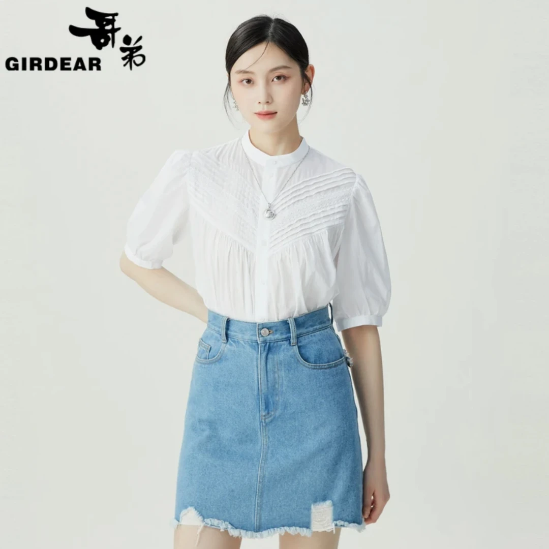 哥弟时尚经典百搭宽松减龄甜美高级感灯笼袖纯棉上衣T恤女1300970