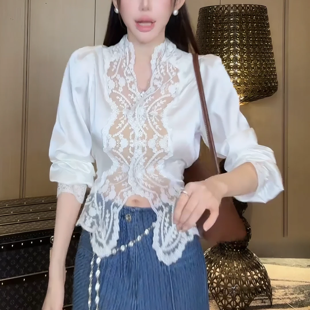 早秋季新款时尚设计感INS风蕾丝拼接衬衫短款辣妹上衣女LK2505862