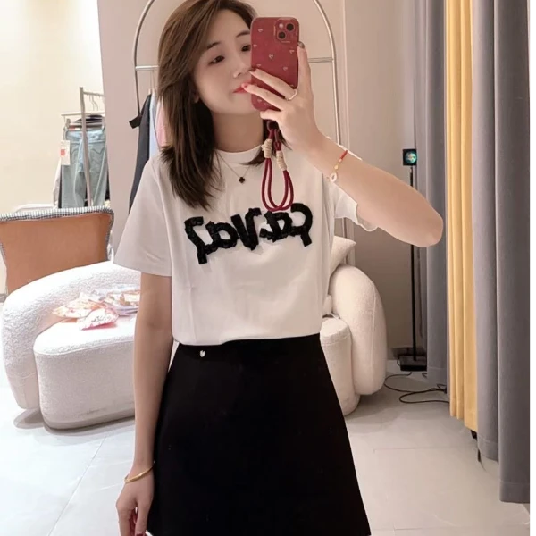 觅裳家 【立体褶皱】5108新款韩系立体褶皱字母图案圆领上衣