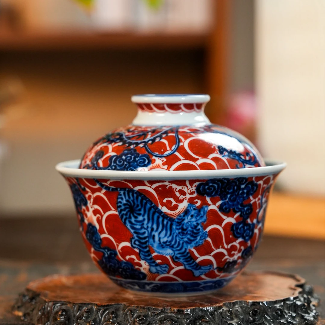 【墨舍名窑】快雪时晴青花矾红五灵图无托盖碗（kxsq122）