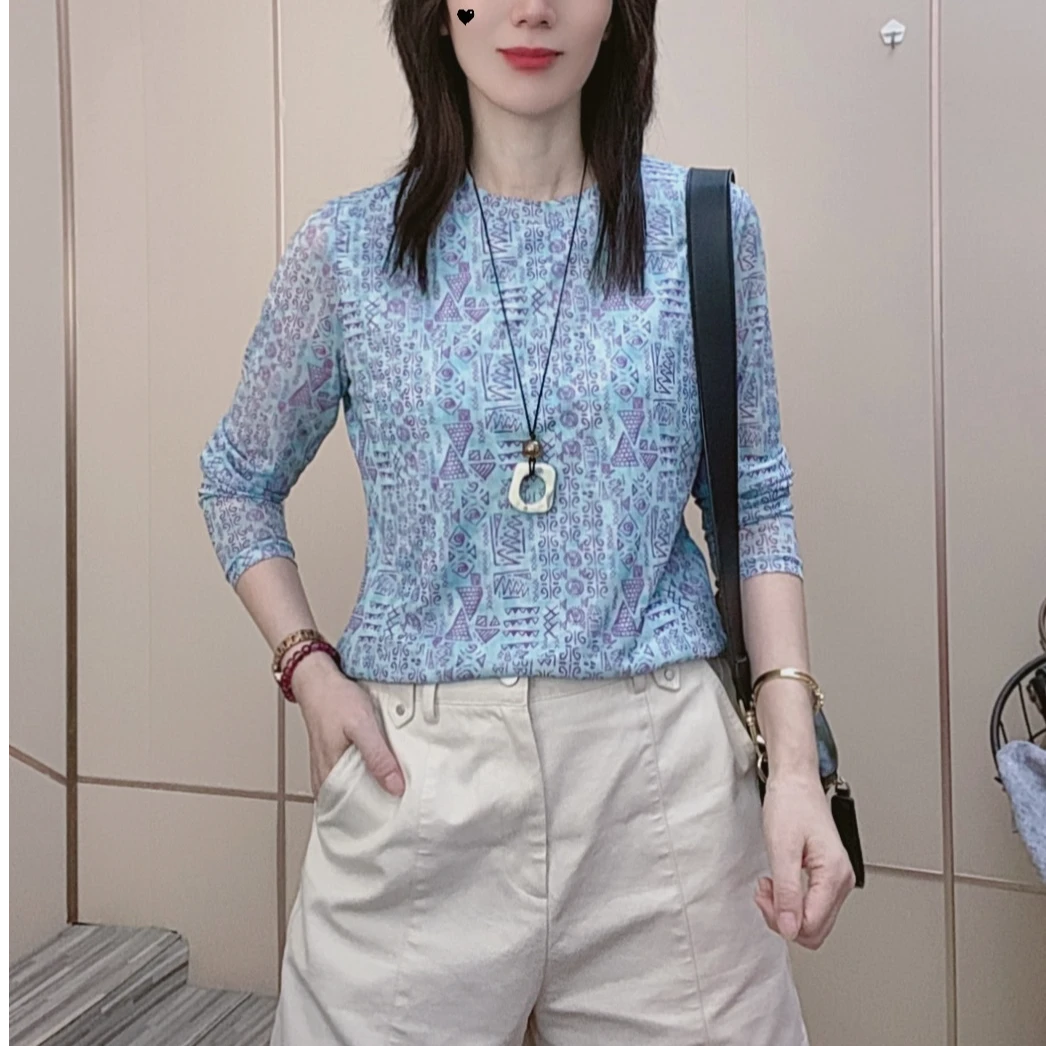 2026春季新款女装圆领长袖洋气冰清玉蓝琉璃纱透气宽松t恤女体恤T