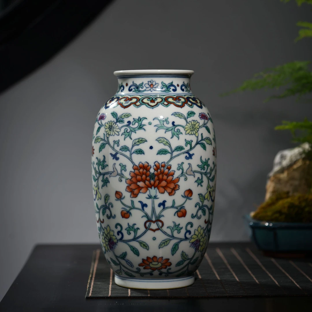 珽珽茶器【涂杏花】斗彩四季花卉冬瓜瓶 高18.5cm 瓷器茶周边
