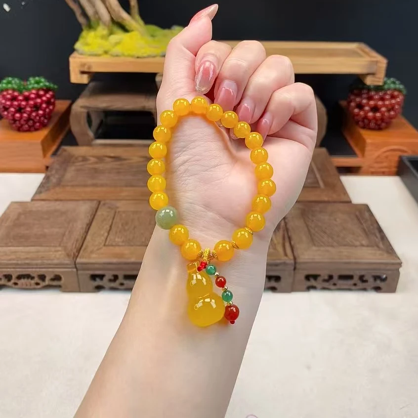天然黄玛瑙手串8mm搭配和田玉配珠 葫芦滴溜