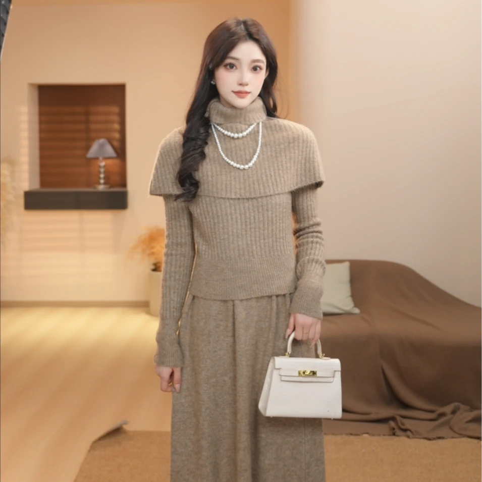 Basic House/百家好CSM24年秋冬新款气质针织上衣裙子两件套