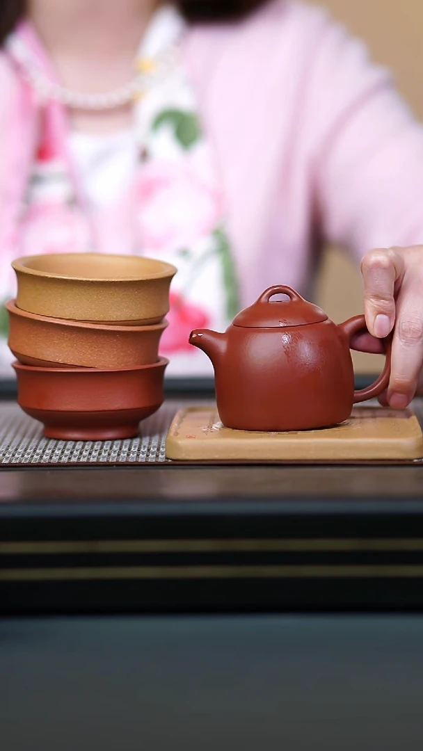 茶壶紫砂全手朱泥秦权150cc+段泥心经壶承+三色禅韵杯