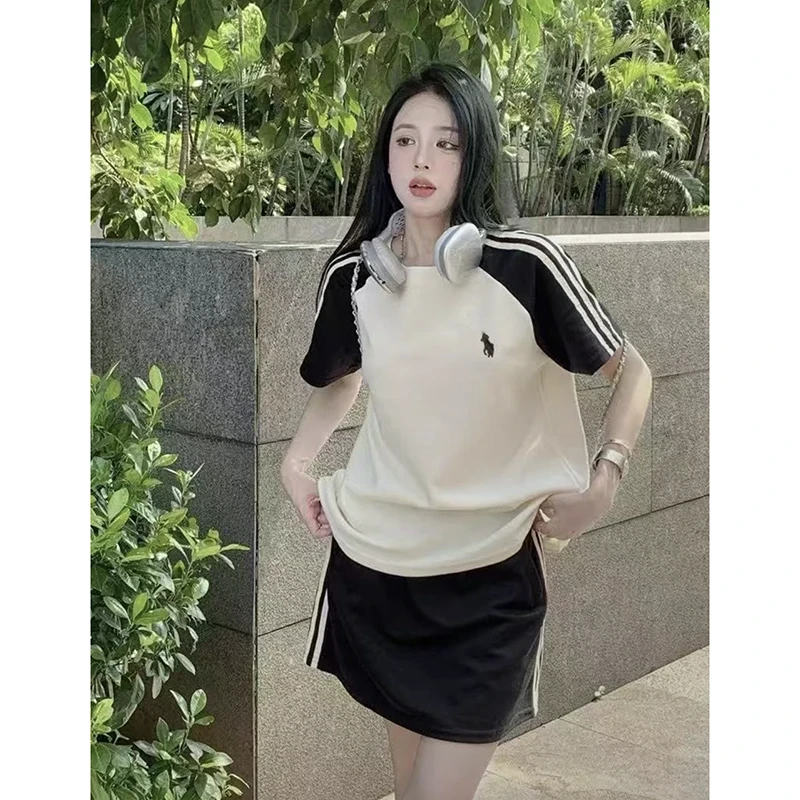 韩系简约圆领撞色插肩袖T恤上衣女夏季条纹松紧腰A字半身裙套装