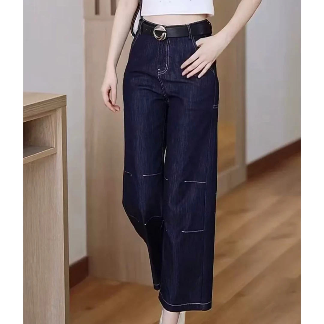 2025夏季新款时尚百搭九分直筒牛仔裤显瘦宽松弯刀阔腿裤196长88