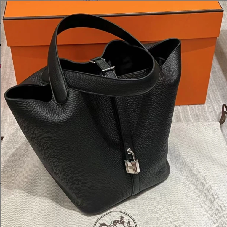 99新 Hermes/爱马仕 菜篮子18黑银扣tc皮a手提包
