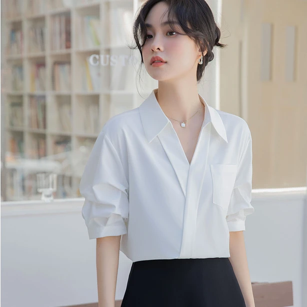 【修饰颈部】设计感法式v领白衬衫女泡泡袖通勤宽松洋气小众上衣秋