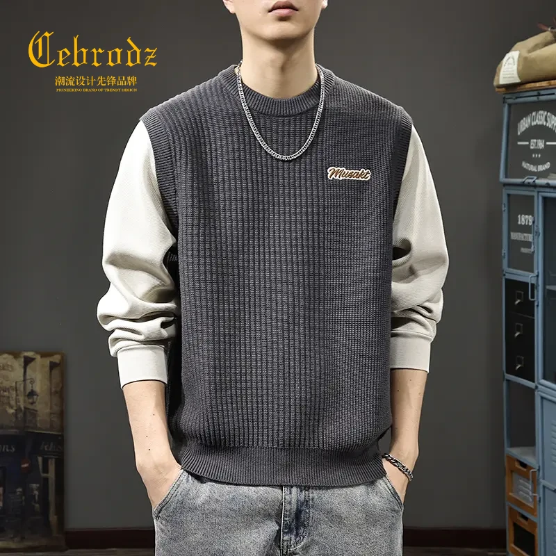法国Cebrodz秋季新款潮流男士毛衣潮牌假两件上衣高级感圆领百搭