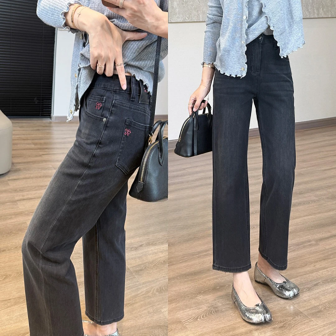 黑灰色刺绣直筒薯条裤女秋冬新款梨形身材高腰弹力九分烟管牛仔裤