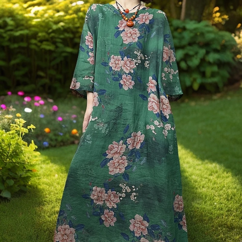 8815中长裙印花长裙民族风V领连衣裙重磅网红气质ins