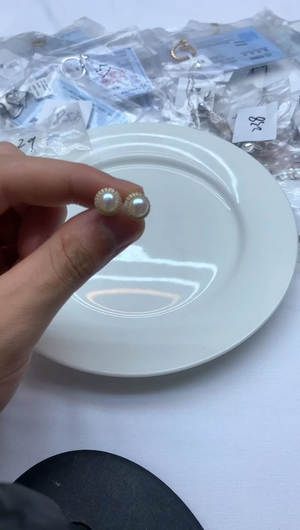 银S925镶嵌耳饰淡水珍珠淡水S925银圆环耳钉6.5-7.5mm