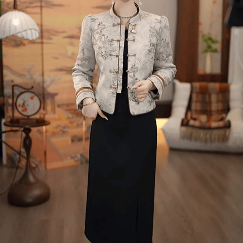 B886【外套+连衣裙】2025冬季新款水墨画银杏色中国风优雅套装裙