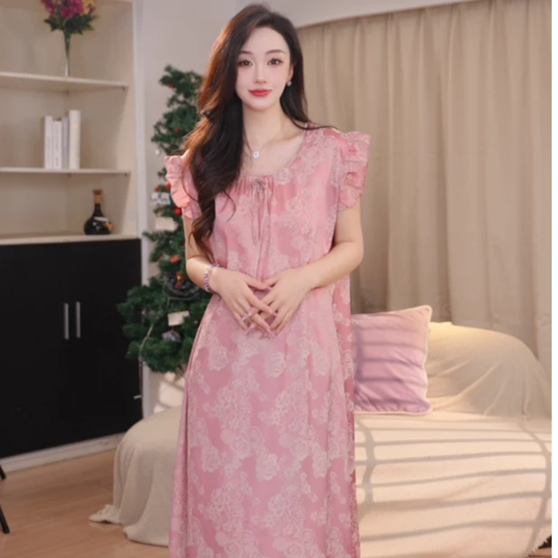 达芬奇密码2025新款冰雪丝玫瑰花开睡裙家居服连衣裙夏薄款家居服