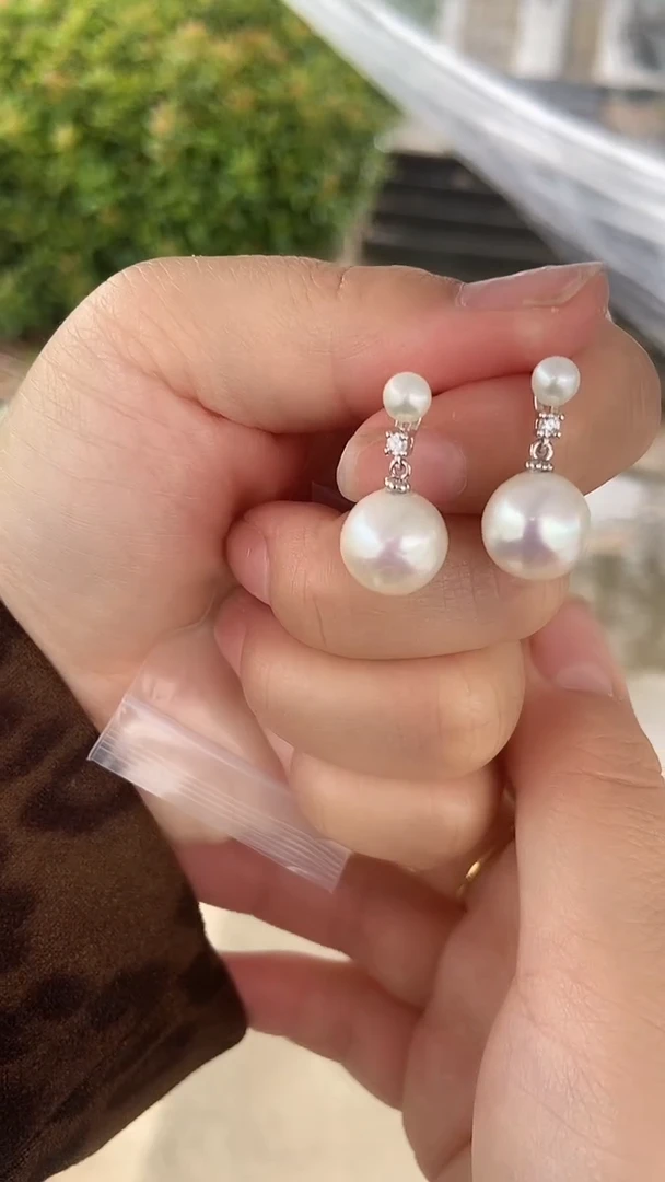 银S925镶嵌耳饰淡水珍珠11-12mm天然淡水珍珠耳饰
