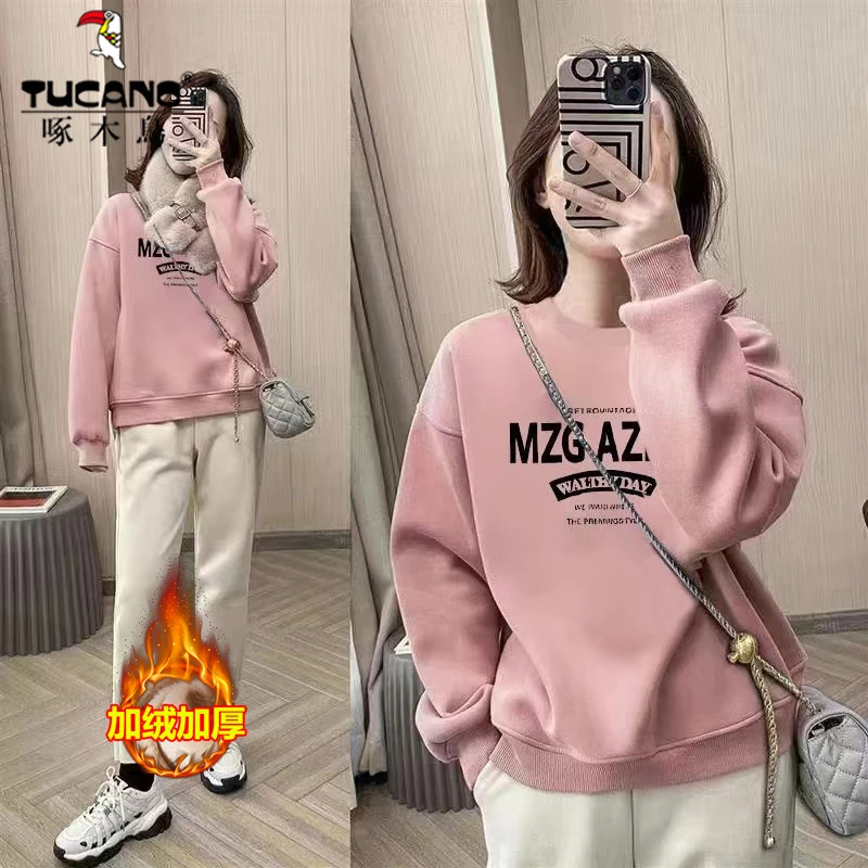 加绒加厚款宽松秋冬冬季保暖韩版圆领加绒拼接卫衣