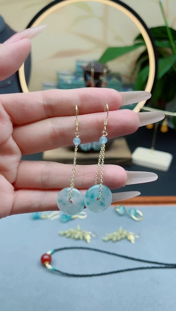 石英质玉（天山翠）银S925镶嵌耳饰00平安扣蓝水飘花