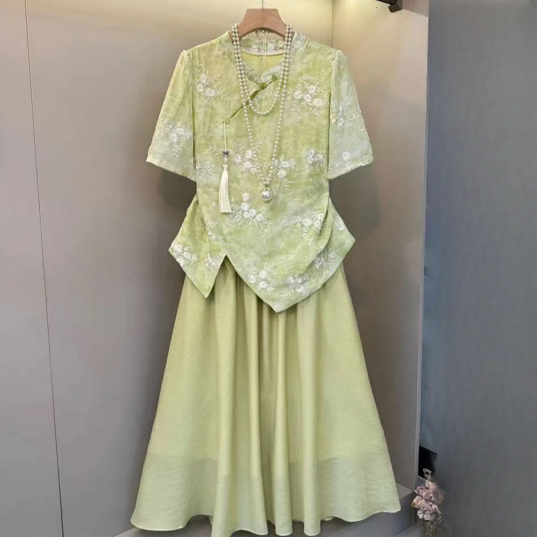 【柚柚】时尚大码新中式国风藏肉显瘦纱裙大码两件套