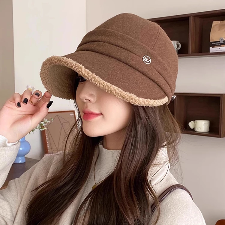 露思同款帽子女秋冬季保暖加绒加厚渔夫帽大头围显脸小毛绒鸭舌帽
