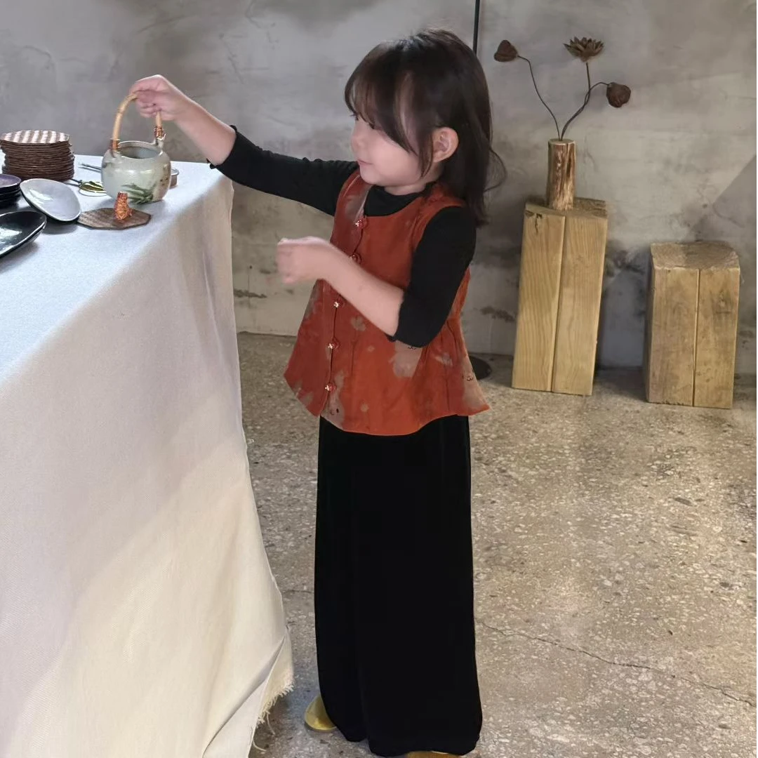 壹妈童装女童秋季新中式套装儿童中国风唐装背心马甲上衣黑色裤子