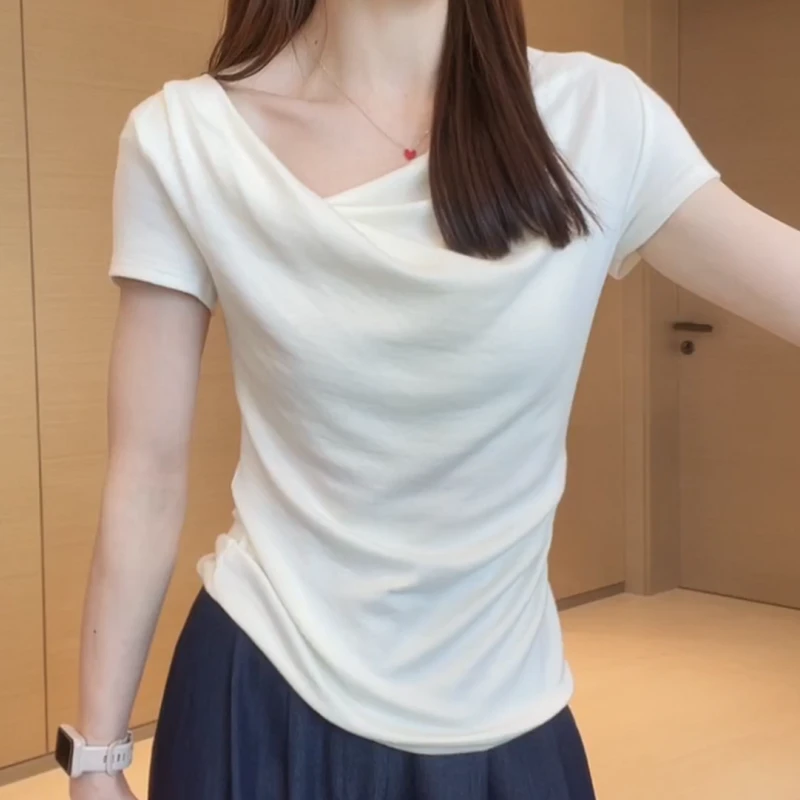 2025新款夏款斜荡领设计感正肩小众短袖T恤上衣LK2504993