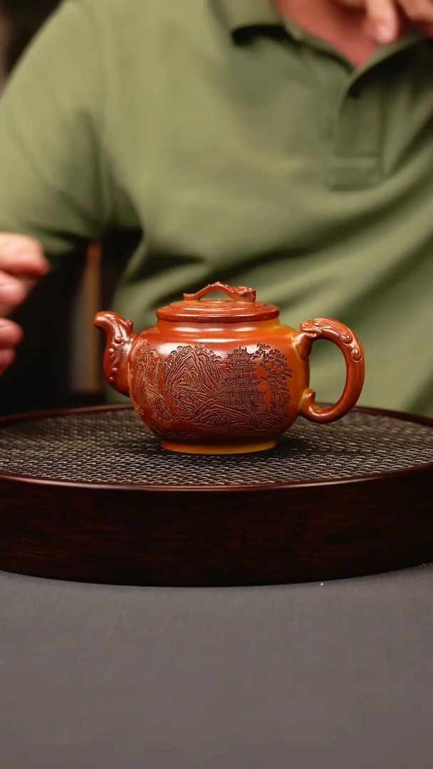 茶壶紫砂火云烧 如意鼓壶 刻绘
