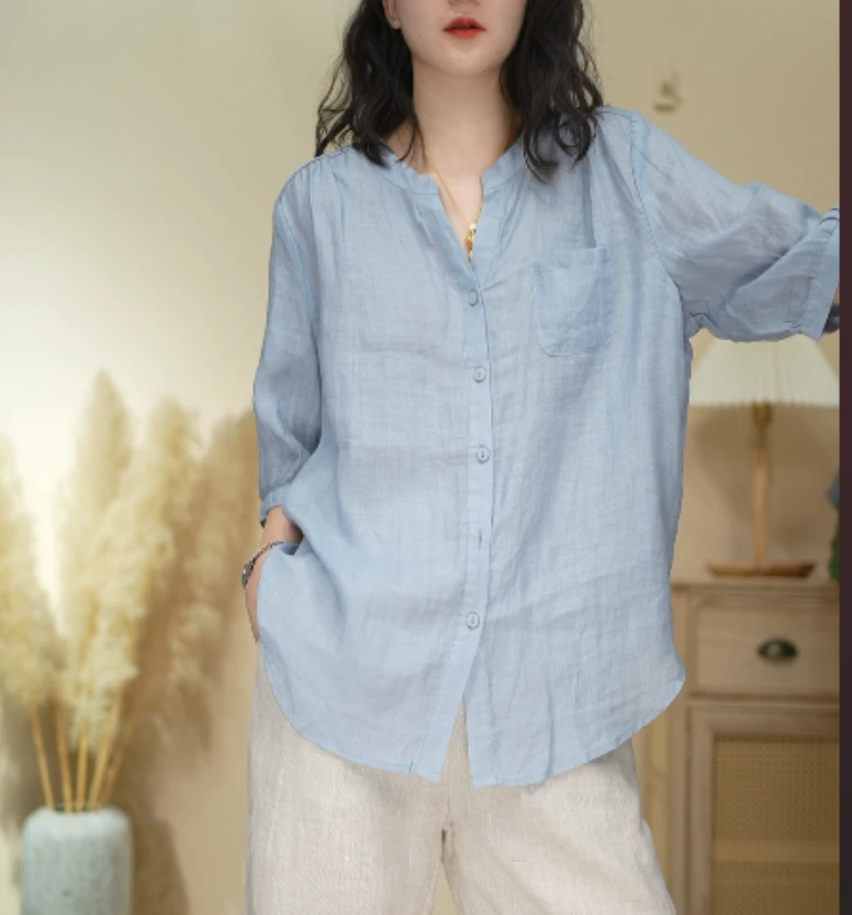 49纯苎麻薄款夏季休闲纯色百搭V领衬衫