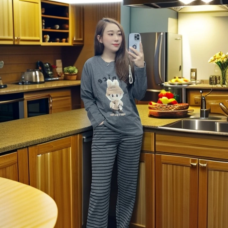芬亿227女士秋冬款加厚毛圈底长袖长裤爽棉睡衣套装