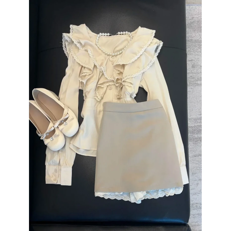 韩系贵气千金小姐穿搭一整套早秋新款独特别致衬衫蕾丝短裙两件套