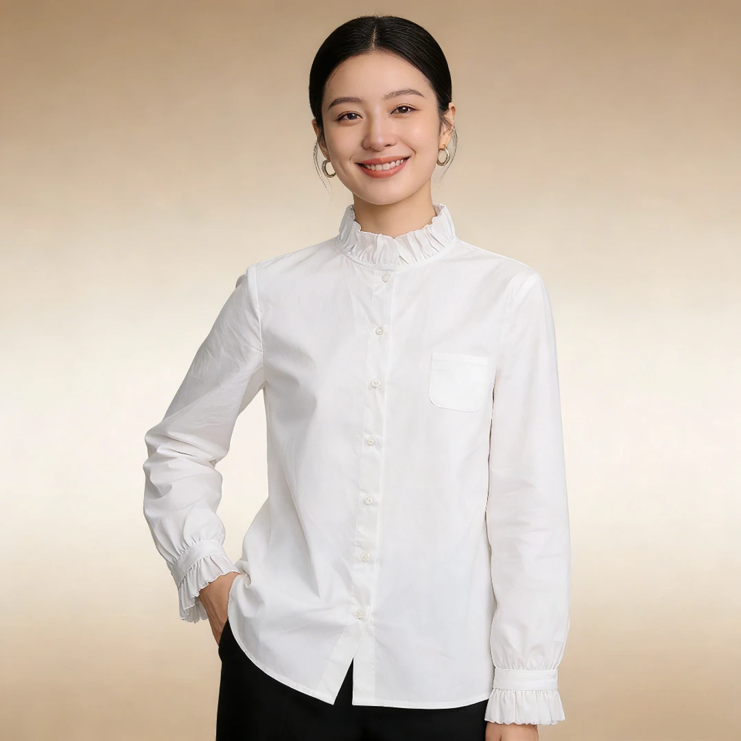 03007女士时尚职场纯色长袖POLO领衬衫白色春秋冬内搭打底上衣