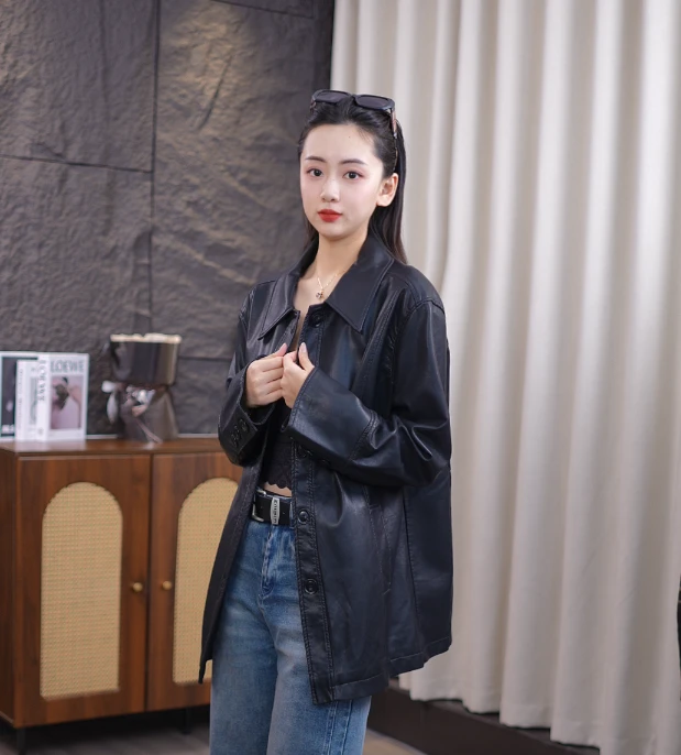 2025春季新品慵懒风衬衫型PU皮衣外套宽松阔版欧韩百搭黑色时尚