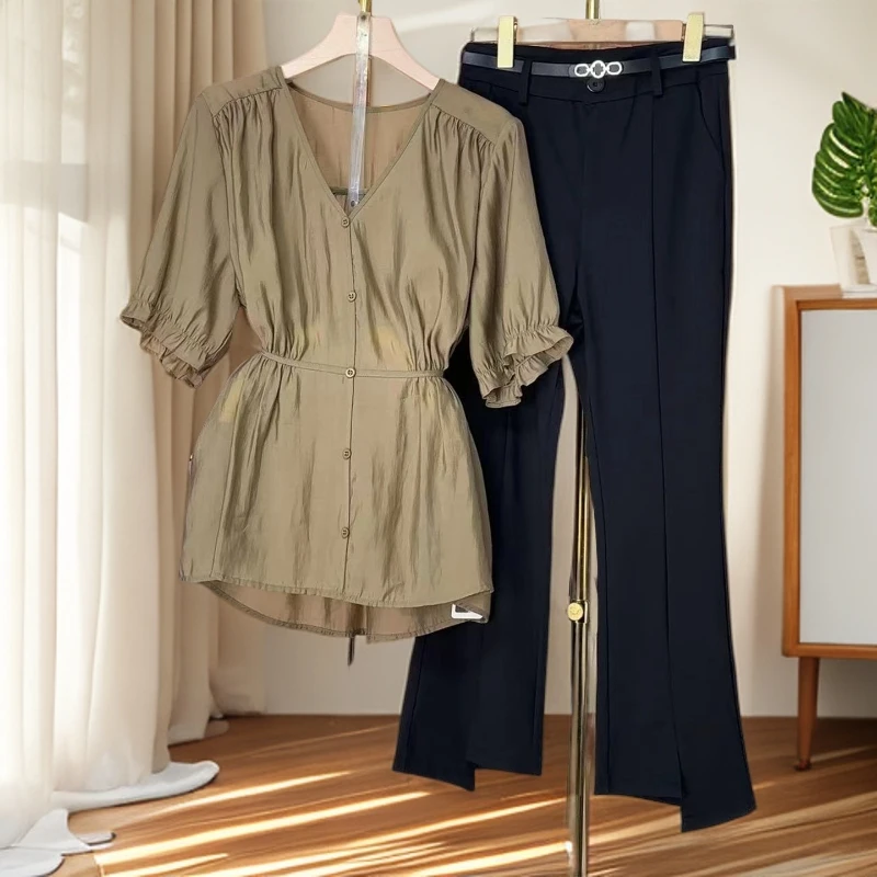 现货2025年设计师褶皱木耳边套装显瘦新款休闲裤女装套装RG205