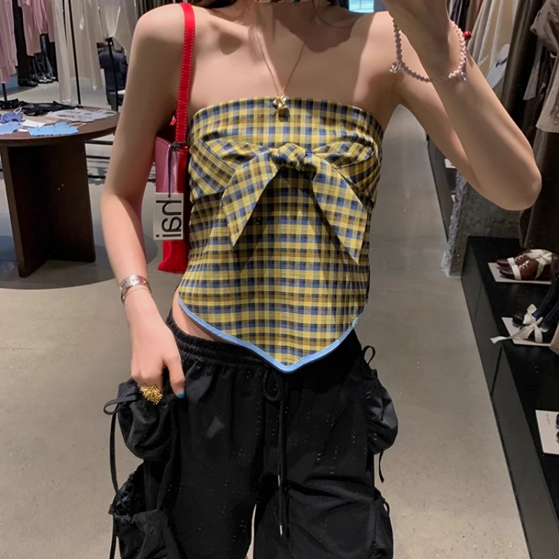 le rouge周美美 华美千金 蝴蝶扭结格子亚麻三角松紧抹胸吊带上衣