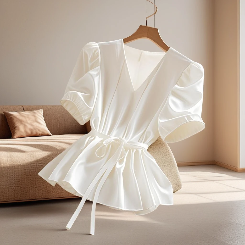 清新优雅气质雪纺独特设计感小衫仙气白色v领女衬衫收腰系带上衣