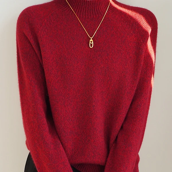 花纱半高领高级感内搭本命年红色贸易长袖针织打底衫